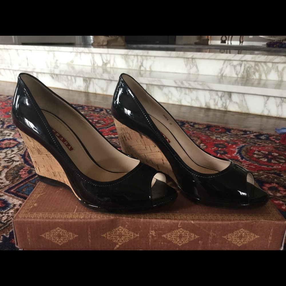 Prada cork wedges Patent Black 37